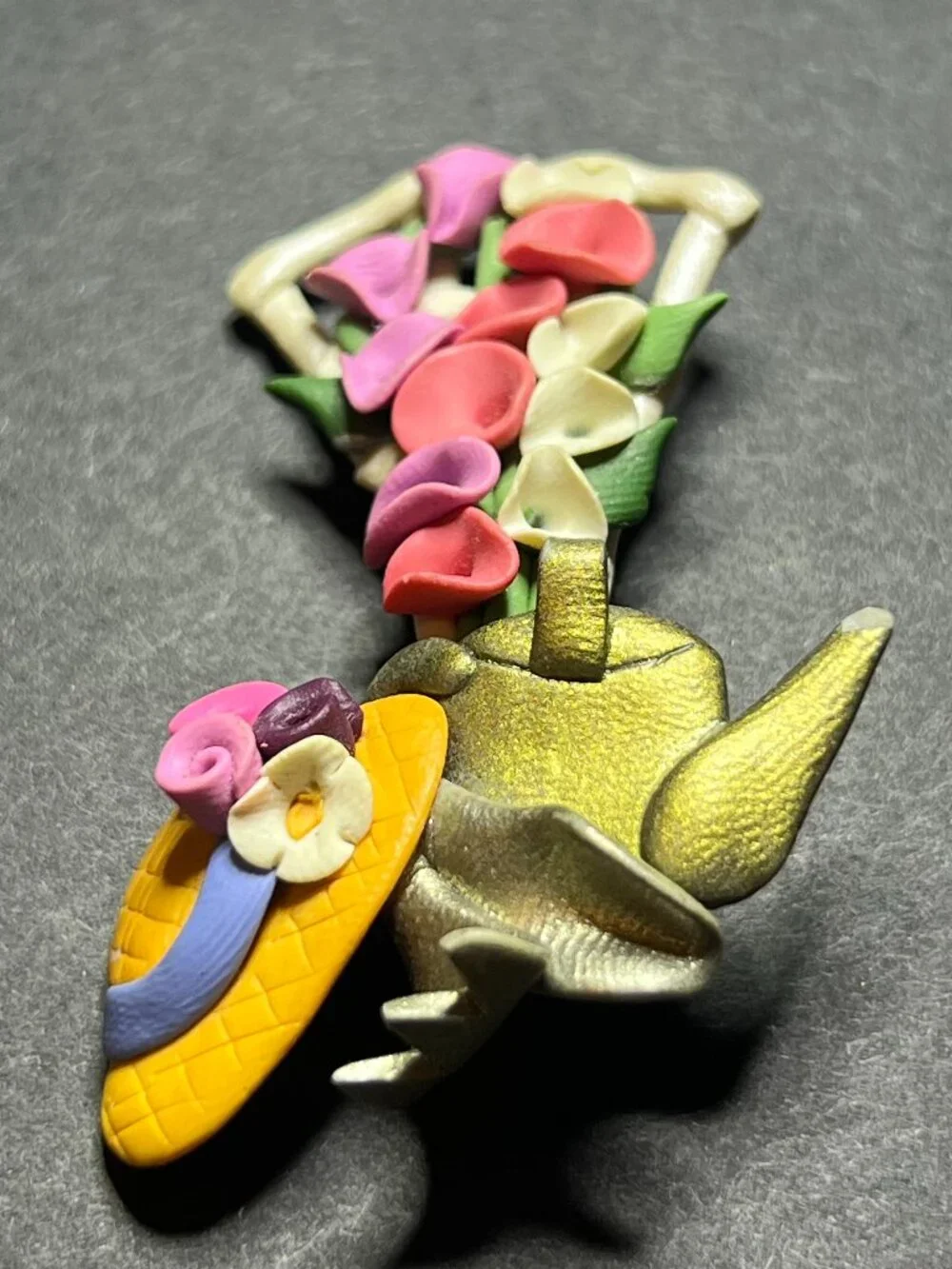 VTG Whimsy Polymer Clay Flower Trellis, Garden Tools, Hat & Watering Can Brooch
